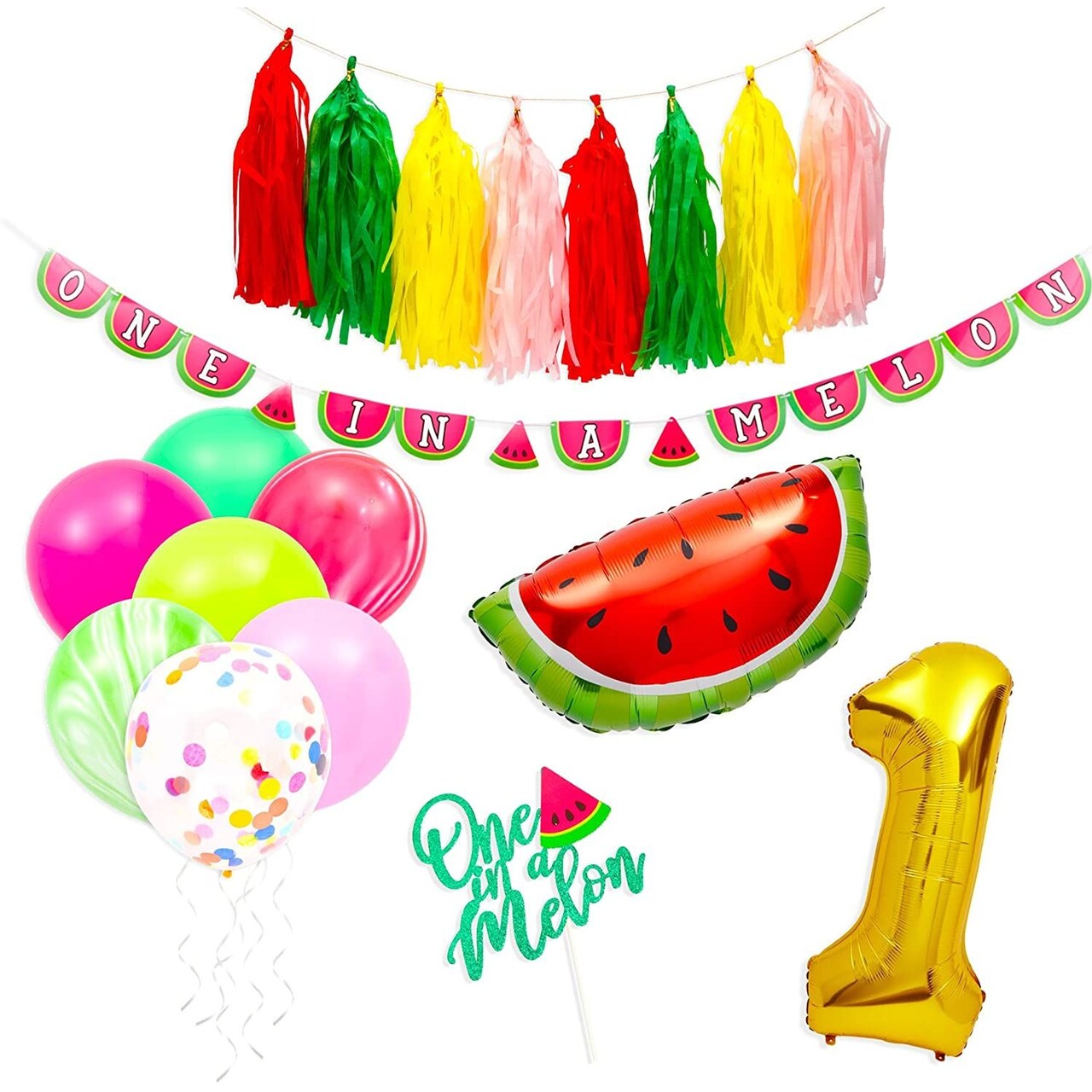 47 Piece 1st Birthday Decorations for Girls, One in a Melon Banner, #1 and Watermelon Balloons, Latex Balloons, Cake Topper, and Paper Tassels